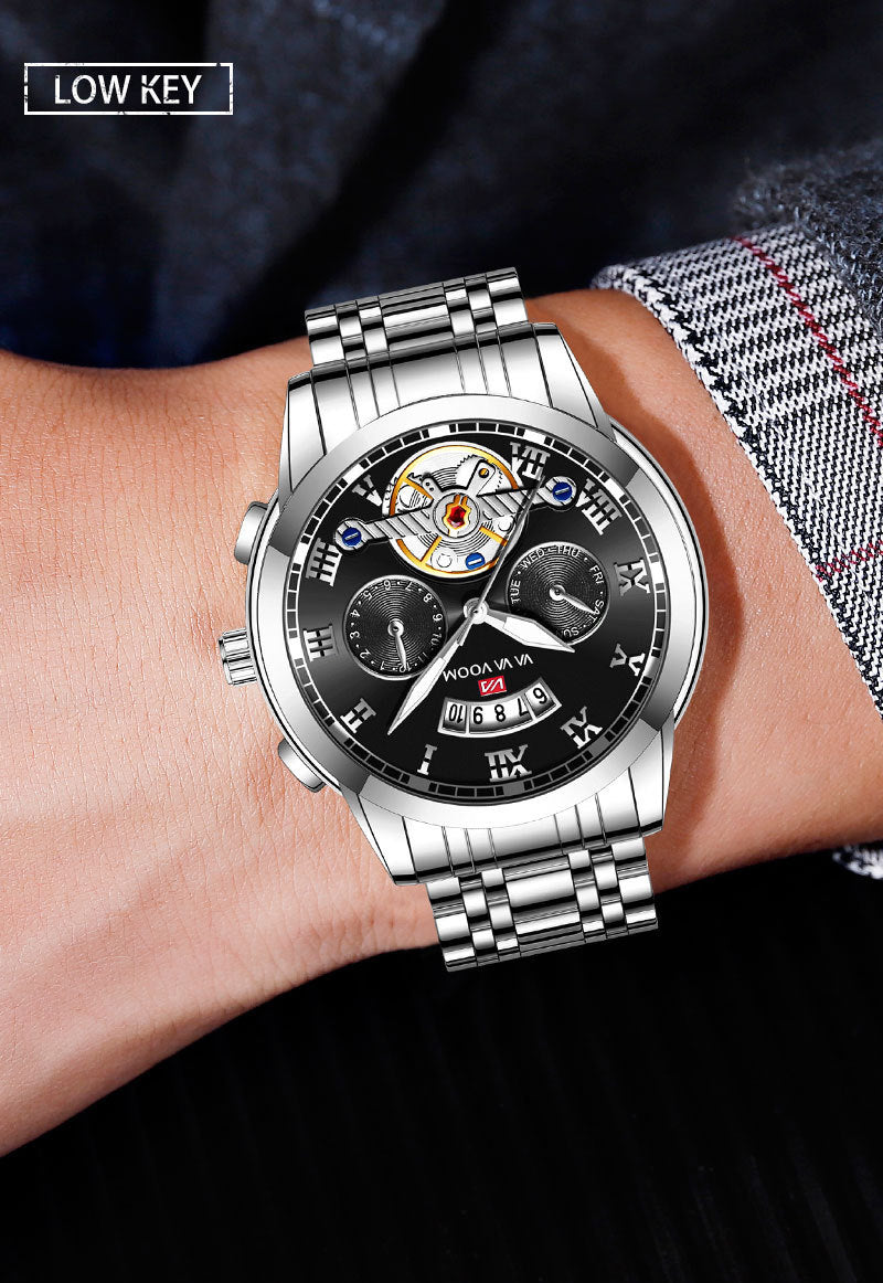 Reloj de cuarzo con tourbillon para hombre en acero inoxidable