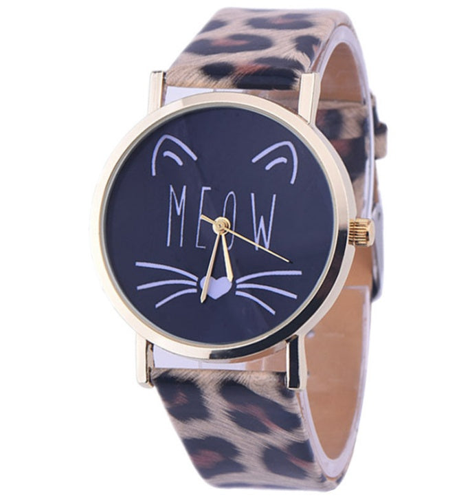 Reloj de pulsera analógico de cuarzo con correa de cuero PU y diseño de gato bonito de lujo para mujer