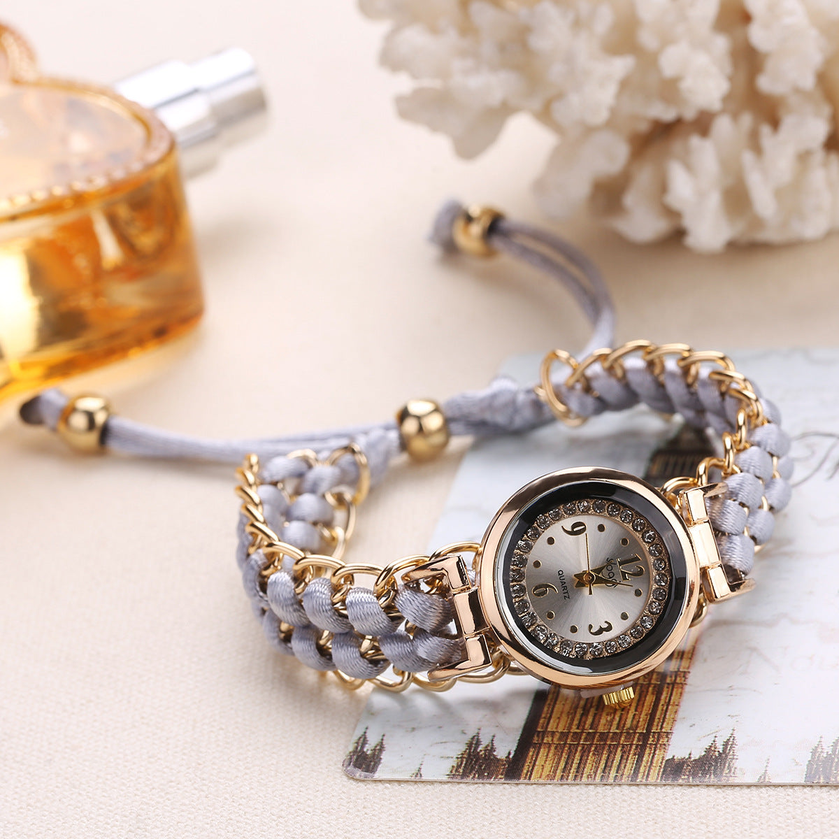 Reloj de pulsera analógico de cuarzo con movimiento de cuerda de punto y cadena de alta calidad para mujer