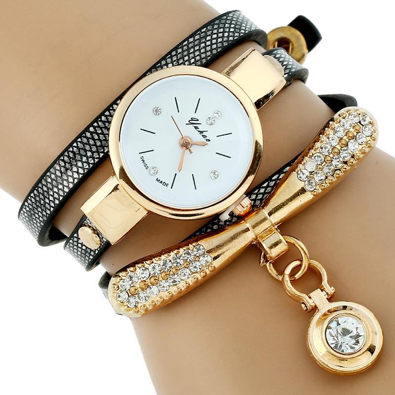 Reloj de pulsera de cuarzo informal de cuero sintético para mujer, nuevo, de lujo, con diamantes de imitación y pulsera de oro, Gnova Platinum Fashion