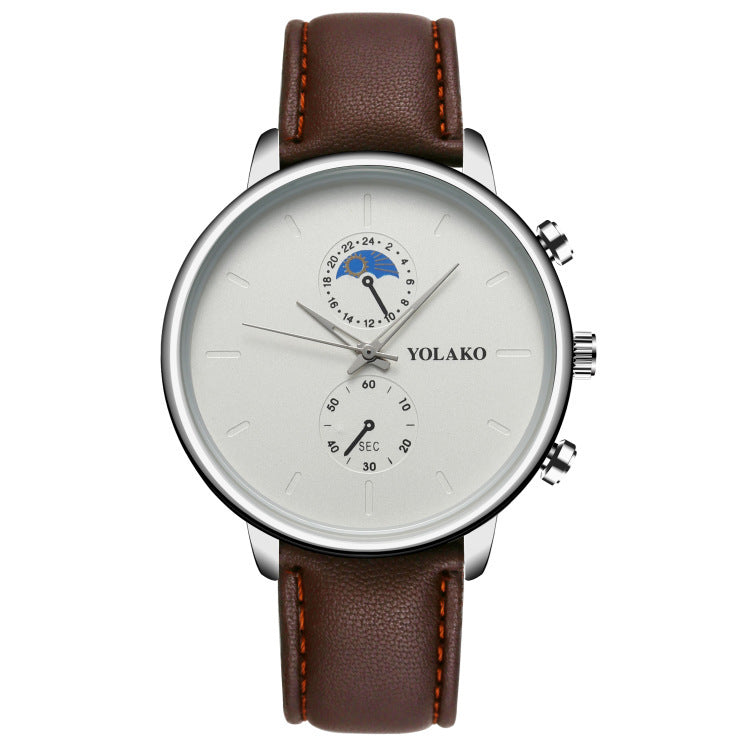 Reloj de cuarzo ultrafino con correa de cuero y dos ojos para hombre