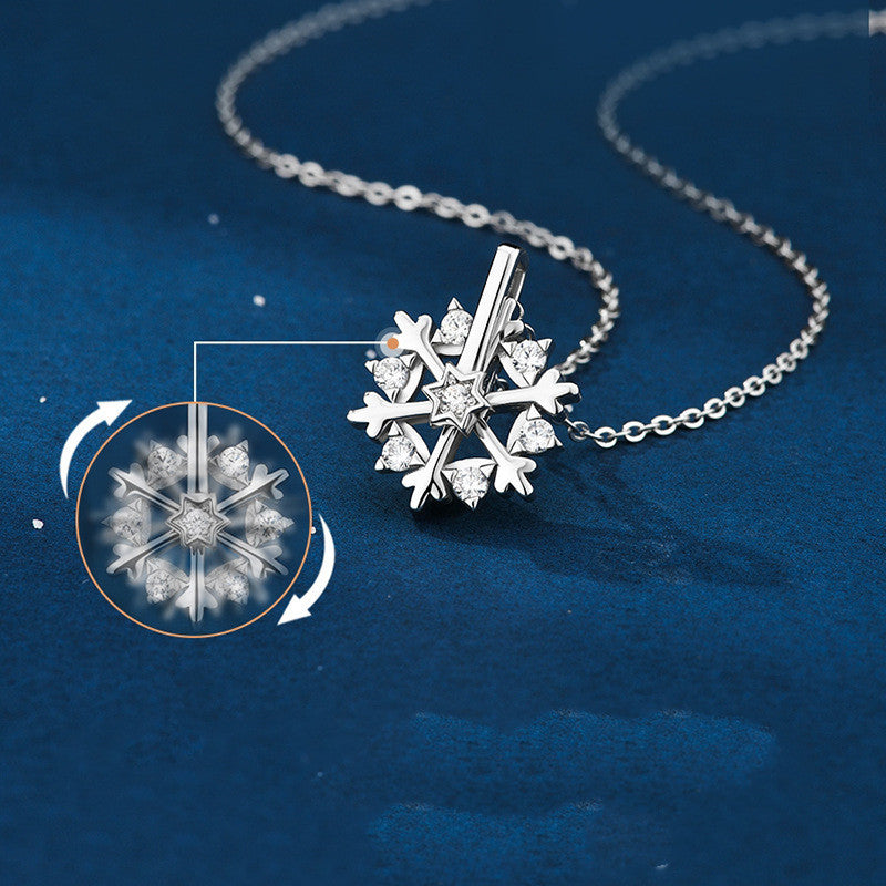 Collar de copo de nieve giratorio de plata 925 para mujer, diseño de nicho de lujo, joyería de diamantes de imitación brillantes, regalo de cumpleaños de otoño e invierno para amigos