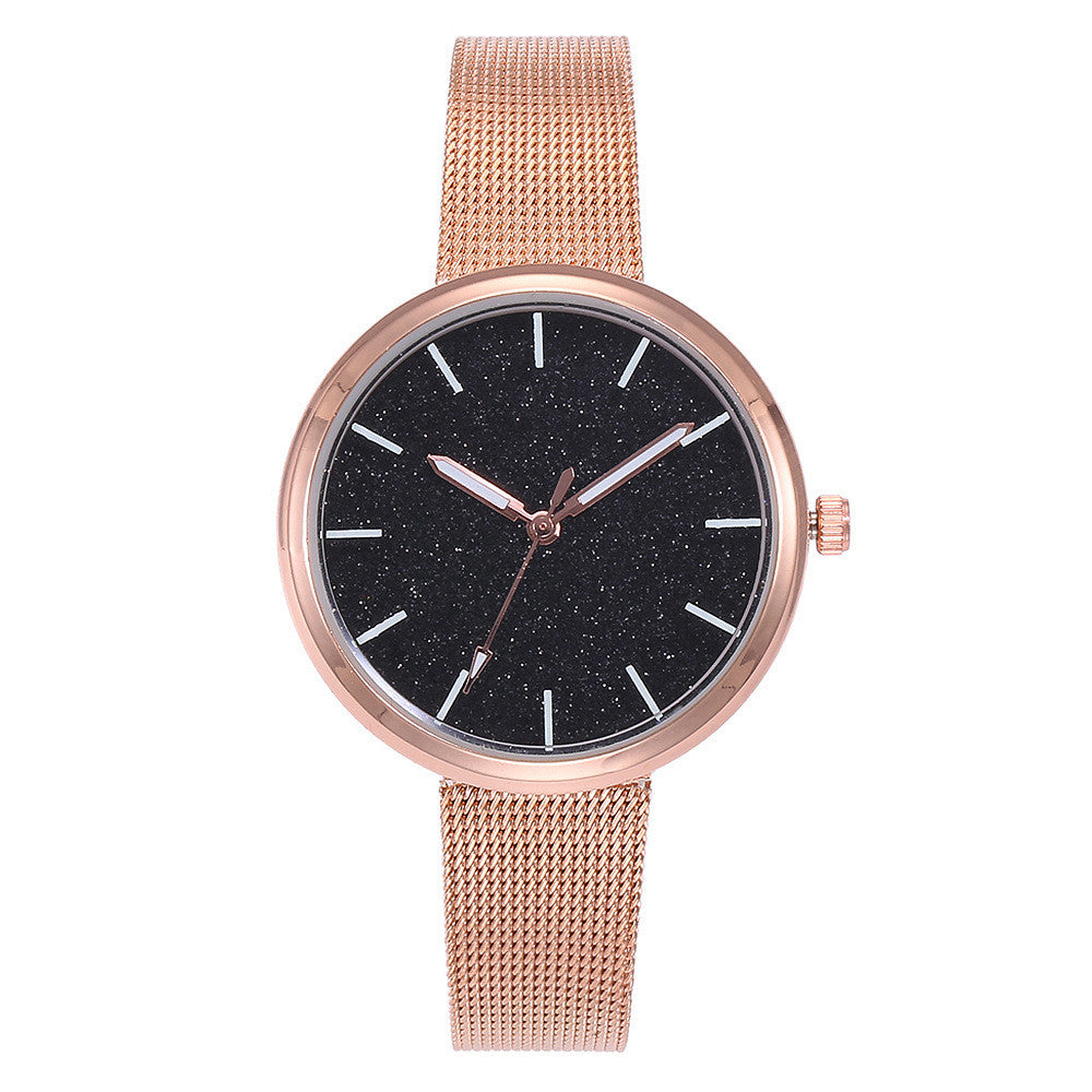 Reloj de pulsera romántico con diseño de cielo estrellado para mujer, informal, con correa de malla de acero y oro rosa, reloj con diamantes de imitación, reloj femenino