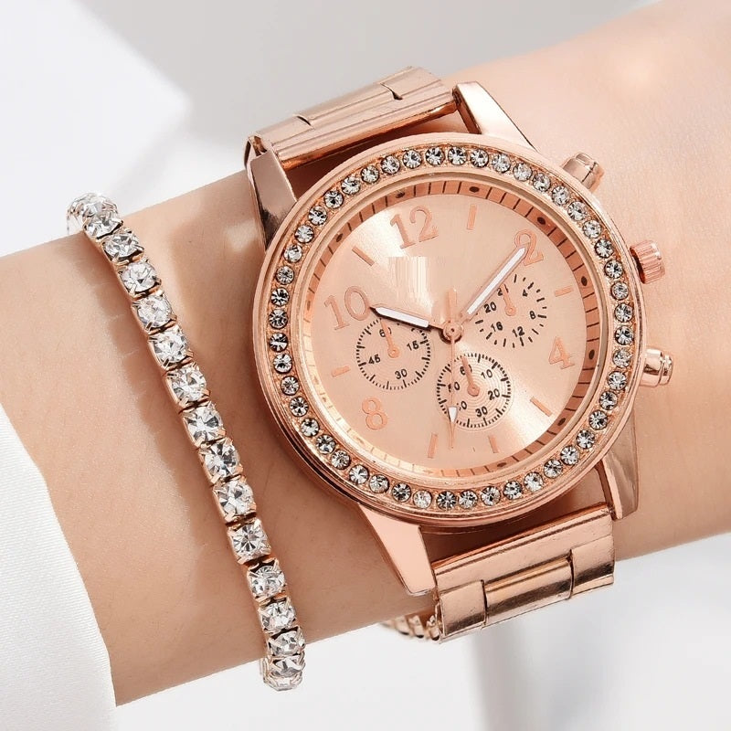 Reloj de mujer con correa de acero y tres ojos falsos, reloj de cuarzo coreano informal para mujer