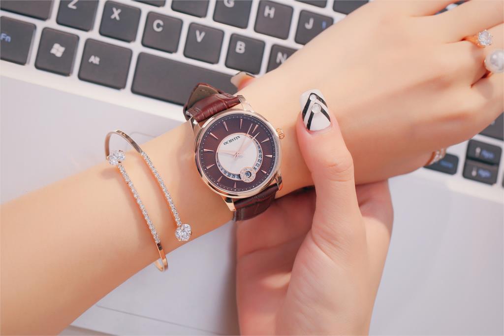 Leather waterproof quartz calendar ladies watch