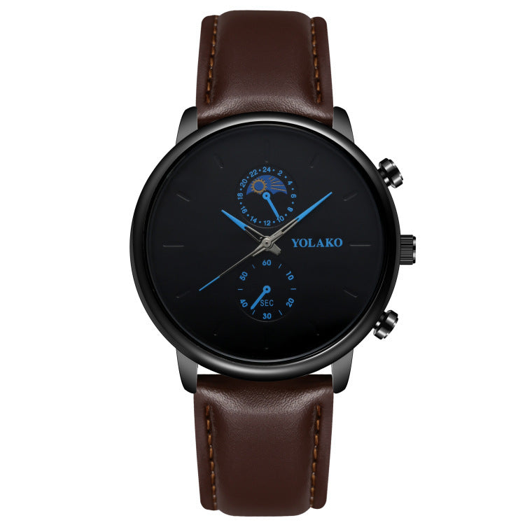 Reloj de cuarzo ultrafino con correa de cuero y dos ojos para hombre