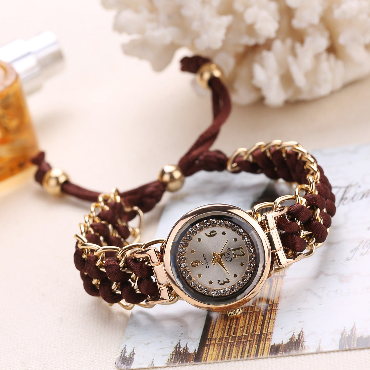 Reloj de pulsera analógico de cuarzo con movimiento de cuerda de punto y cadena de alta calidad para mujer
