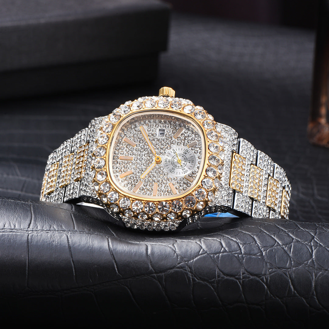 Reloj de oro para hombre, de cuarzo, luminoso, resistente al agua, con calendario de hip hop y diamantes completos
