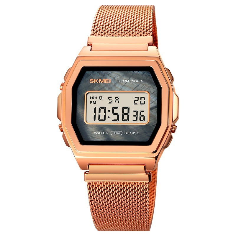 Reloj electrónico de acero inoxidable resistente al agua con personalidad y tendencia multifunción a la moda para estudiantes
