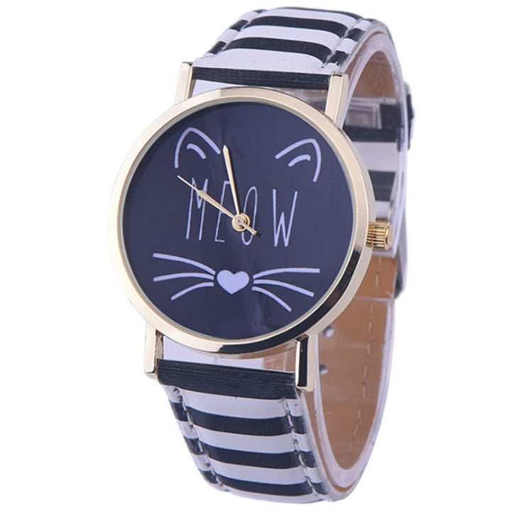 Reloj de pulsera analógico de cuarzo con correa de cuero PU y diseño de gato bonito de lujo para mujer