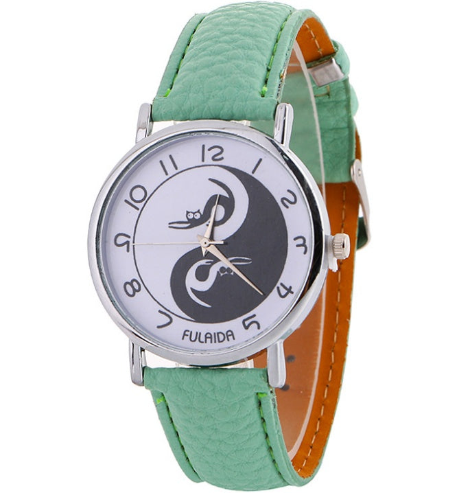 Reloj analógico de cuarzo con correa de piel sintética y estampado de gato lindo Yin-Yang para mujer