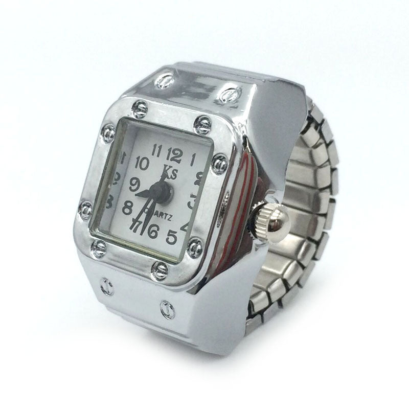 Mini reloj de dedo de aleación de plata de moda con forma de concha, tamaño número, reloj de anillo para pareja para hombres y mujeres