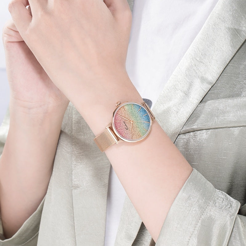 Reloj de moda con correa de malla para mujer con purpurina de color degradado de arcoíris