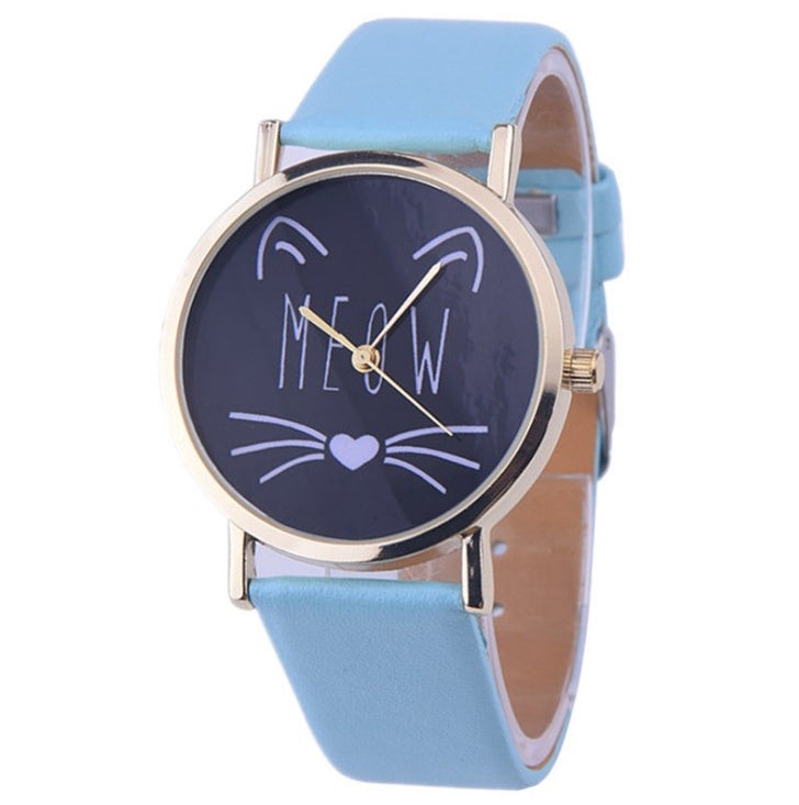 Reloj de pulsera analógico de cuarzo con correa de cuero PU y diseño de gato bonito de lujo para mujer