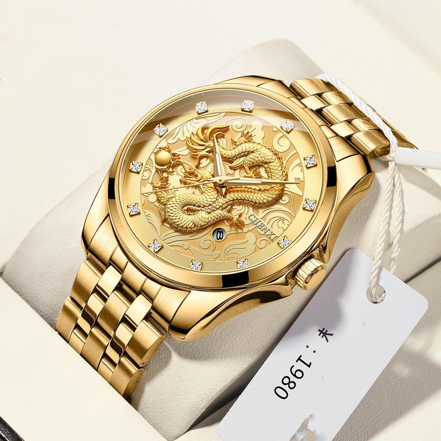 Reloj de hombre resistente al agua con calendario en relieve de tótem de dragón Reloj de estilo chino Dawn Correa de acero Transfronterizo Caliente