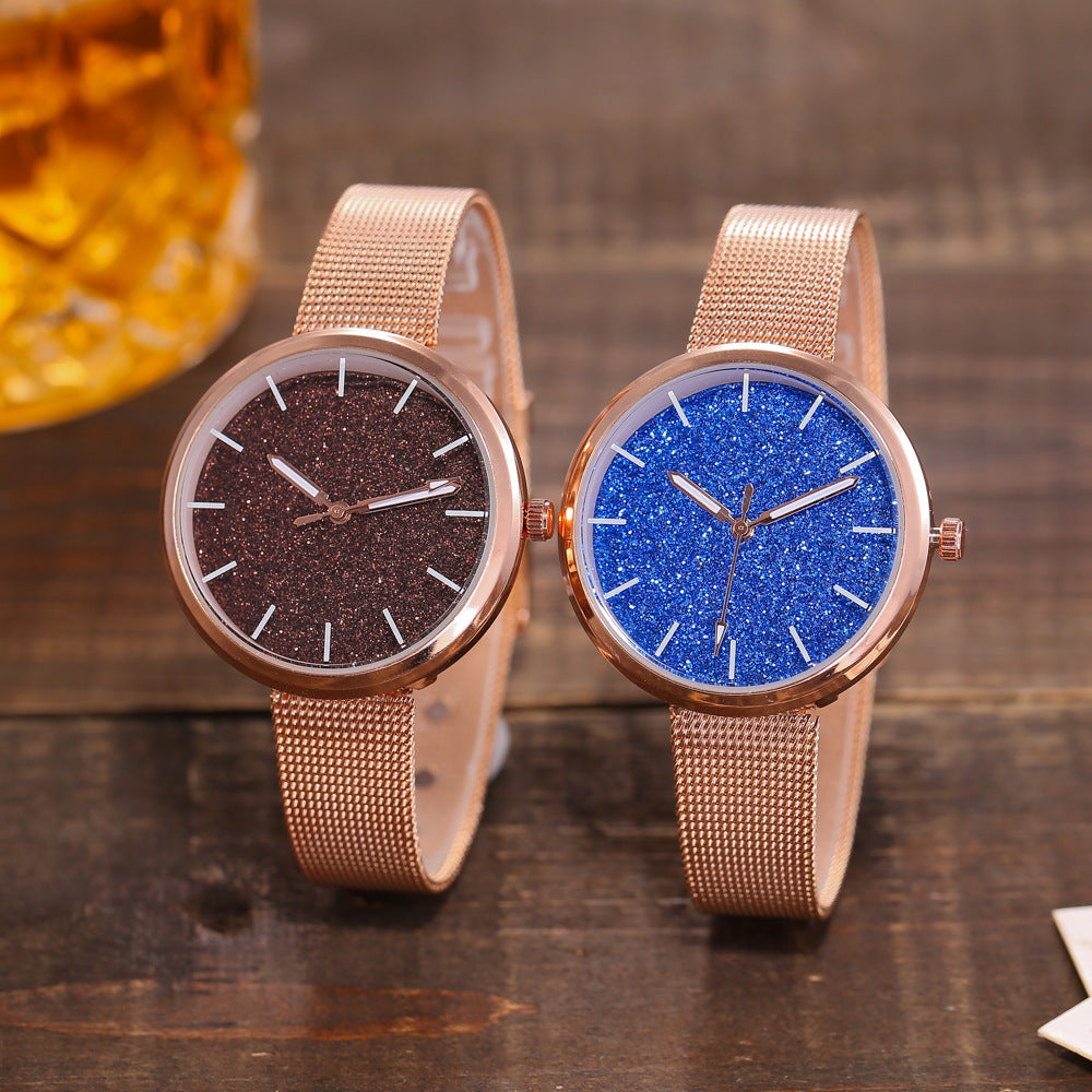 Reloj de pulsera romántico con diseño de cielo estrellado para mujer, informal, con correa de malla de acero y oro rosa, reloj con diamantes de imitación, reloj femenino