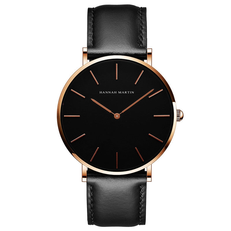 Reloj de cuarzo ultrafino con correa negra, informal, resistente al agua, para hombre y mujer