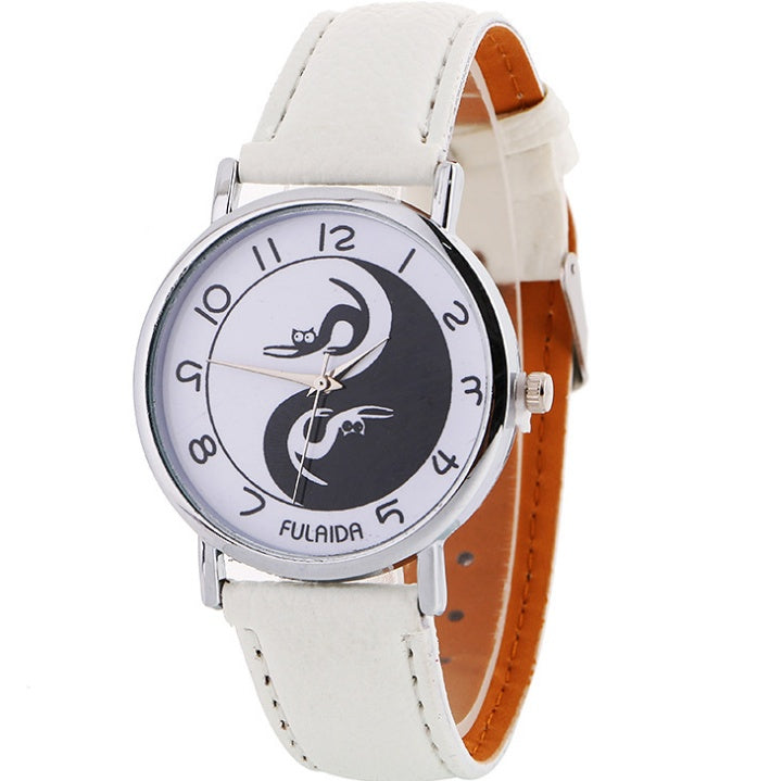 Reloj analógico de cuarzo con correa de piel sintética y estampado de gato lindo Yin-Yang para mujer