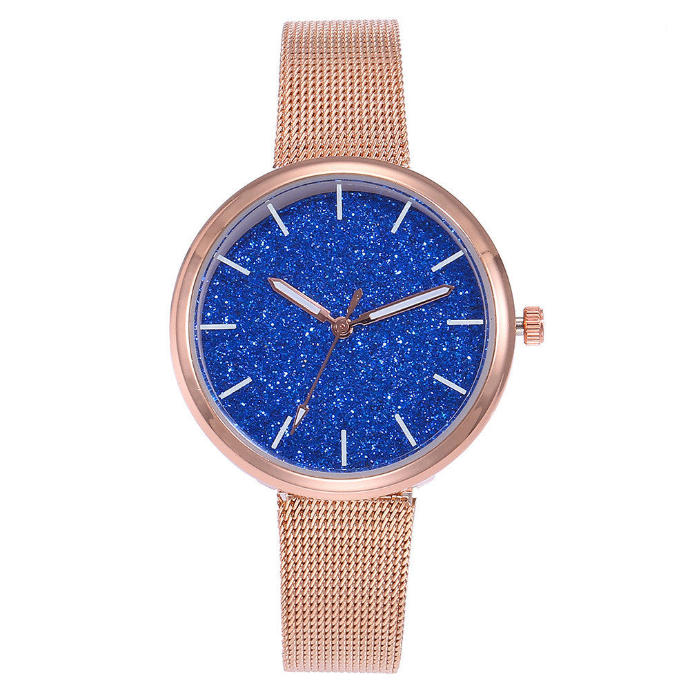Reloj de pulsera romántico con diseño de cielo estrellado para mujer, informal, con correa de malla de acero y oro rosa, reloj con diamantes de imitación, reloj femenino