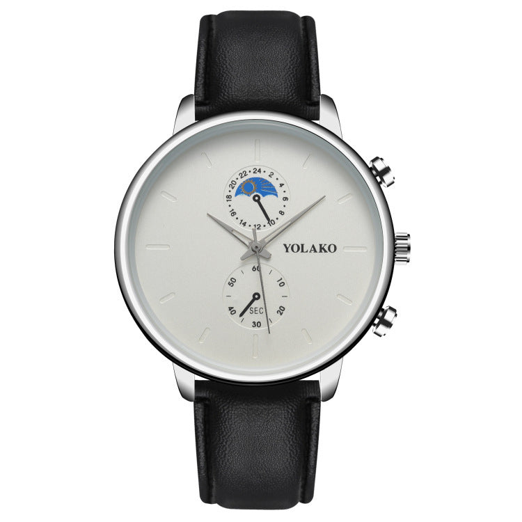 Reloj de cuarzo ultrafino con correa de cuero y dos ojos para hombre