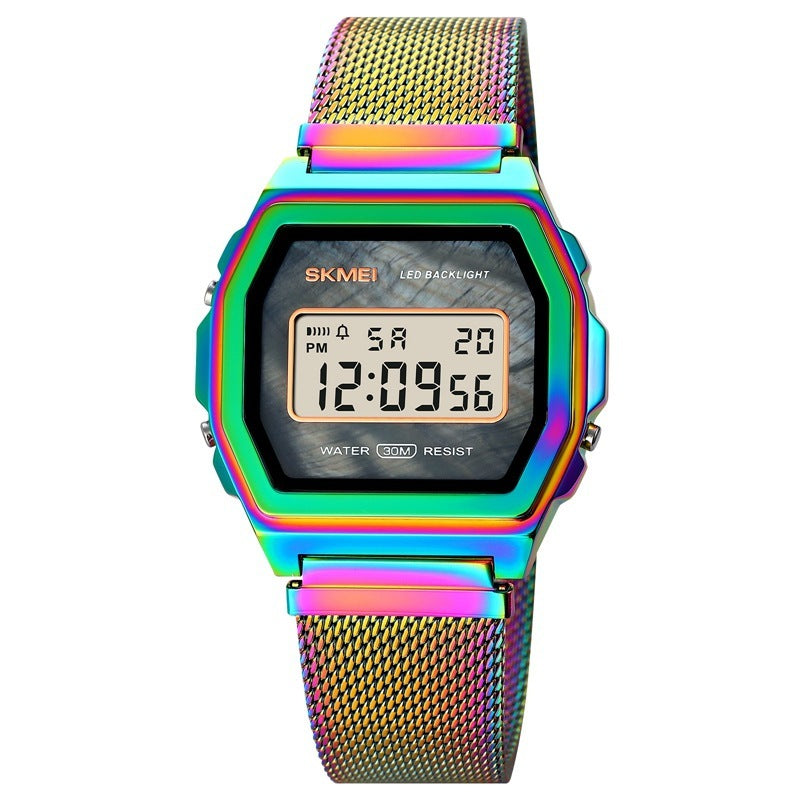 Reloj electrónico de acero inoxidable resistente al agua con personalidad y tendencia multifunción a la moda para estudiantes