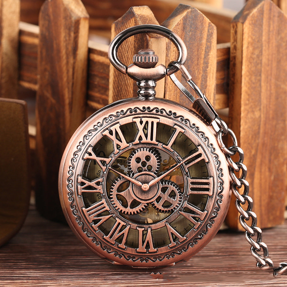 Nuevo reloj de bolsillo retro con forma de mariposa y collar hueco de cobre rojo con engranajes huecos y esfera romana