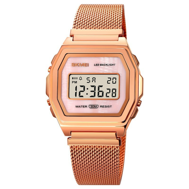 Reloj electrónico de acero inoxidable resistente al agua con personalidad y tendencia multifunción a la moda para estudiantes