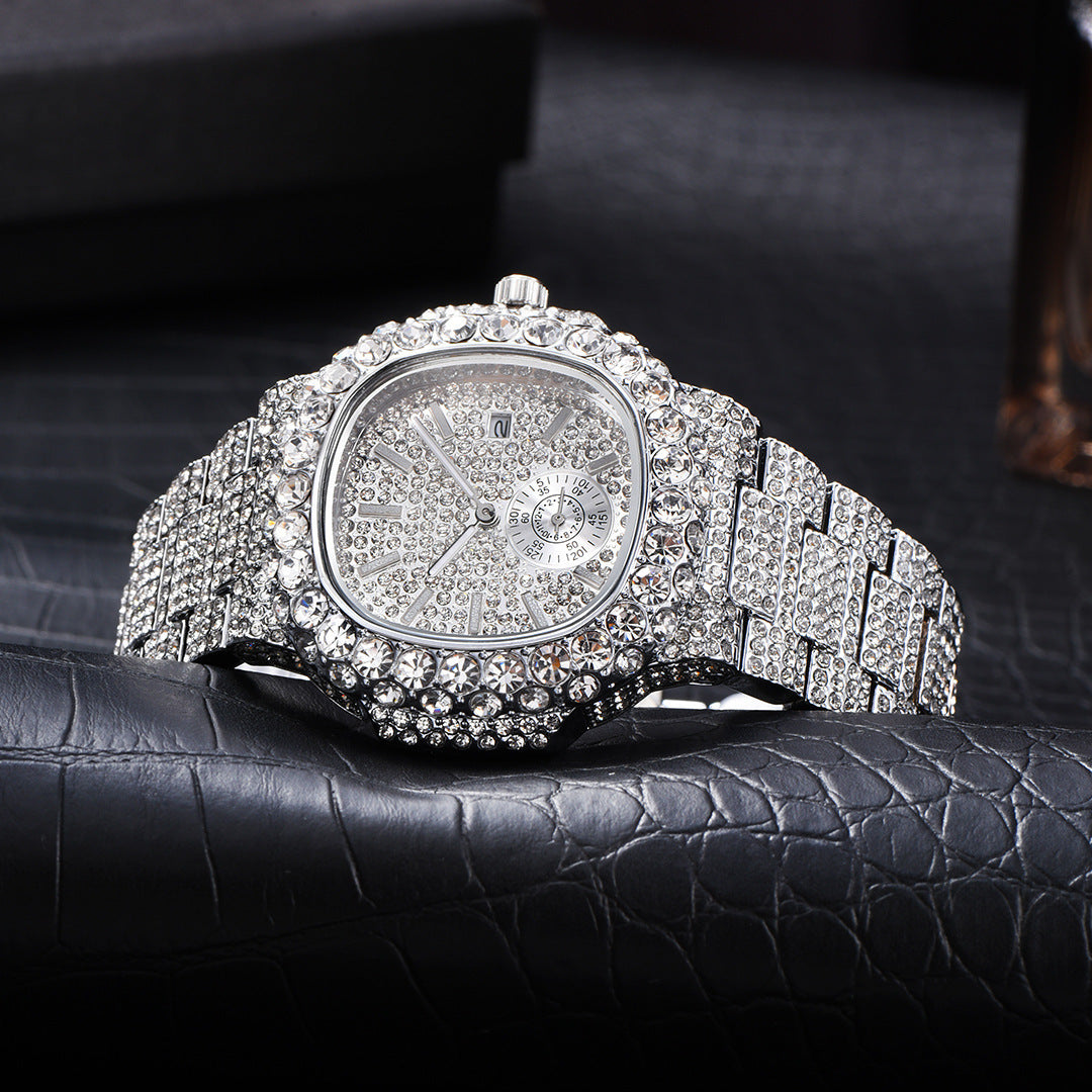 Reloj de oro para hombre, de cuarzo, luminoso, resistente al agua, con calendario de hip hop y diamantes completos