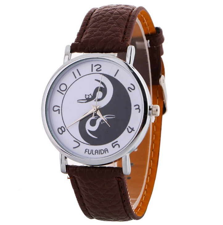 Reloj analógico de cuarzo con correa de piel sintética y estampado de gato lindo Yin-Yang para mujer