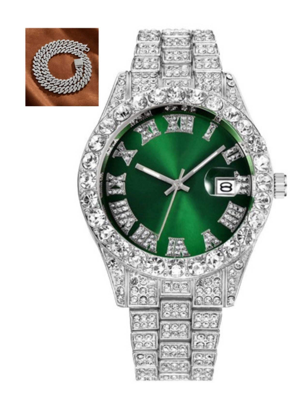 Reloj de cuarzo con diamantes y escala romana estilo hip hop con cinturón de acero para hombre