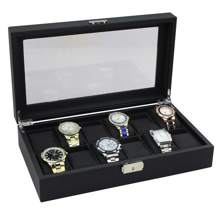 Caja de almacenamiento de caja de reloj de cuero PU de fibra de carbono de 12 bits