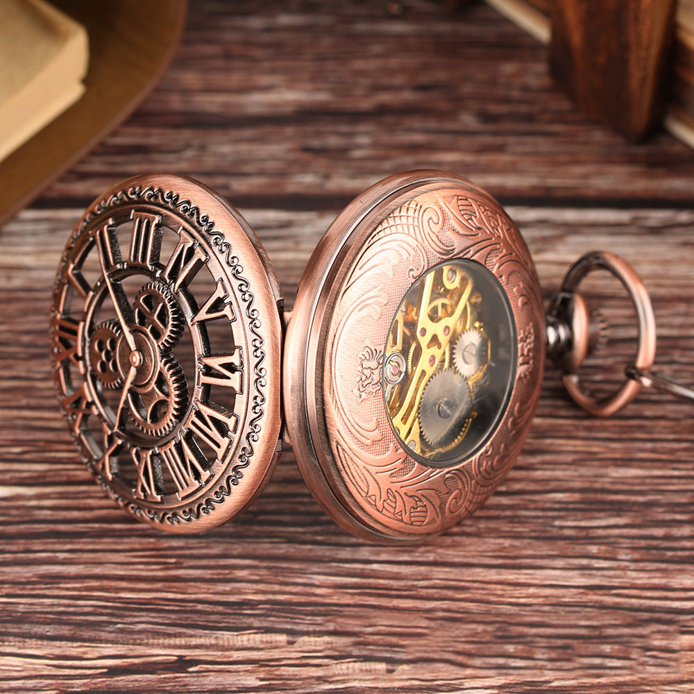 Nuevo reloj de bolsillo retro con forma de mariposa y collar hueco de cobre rojo con engranajes huecos y esfera romana