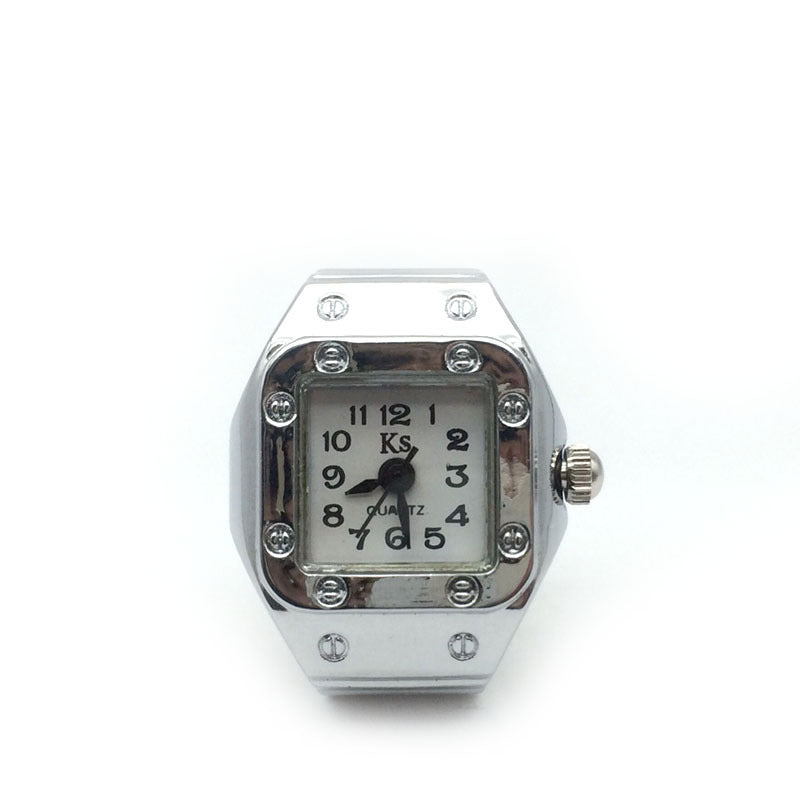 Mini reloj de dedo de aleación de plata de moda con forma de concha, tamaño número, reloj de anillo para pareja para hombres y mujeres