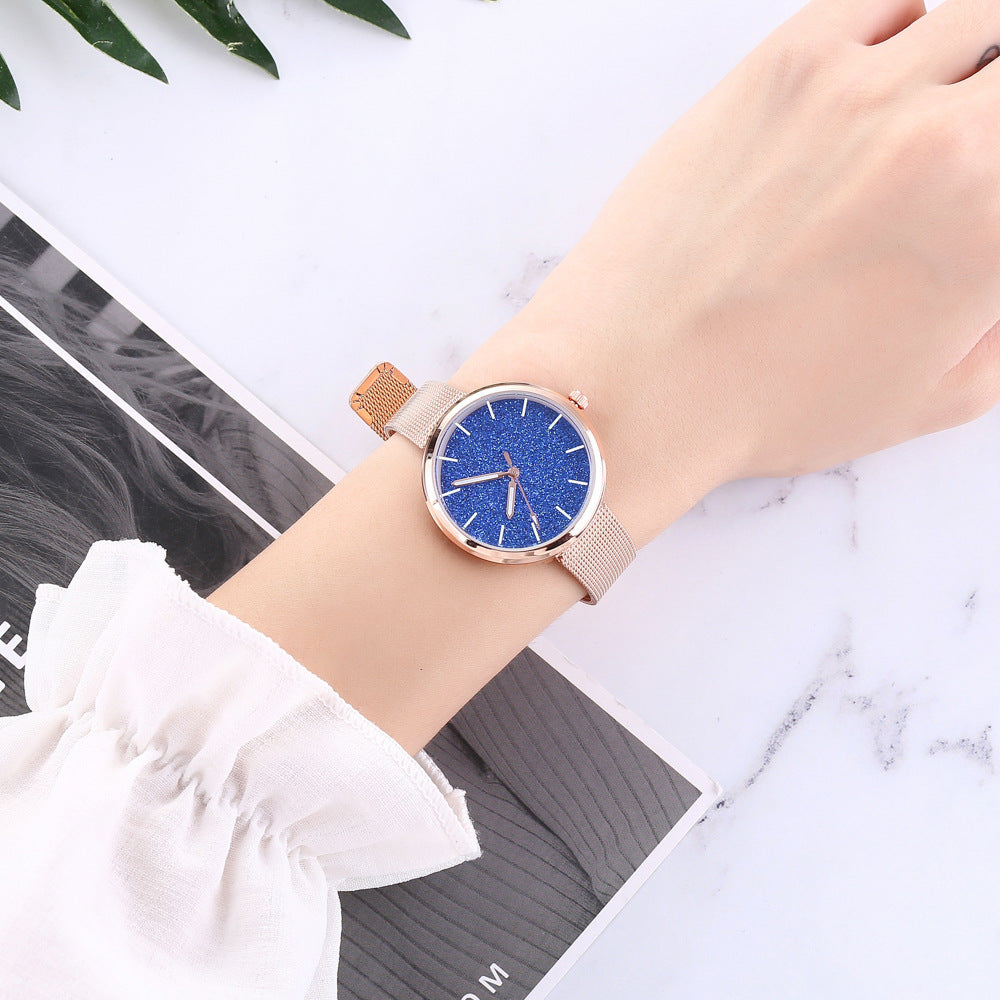 Reloj de pulsera romántico con diseño de cielo estrellado para mujer, informal, con correa de malla de acero y oro rosa, reloj con diamantes de imitación, reloj femenino