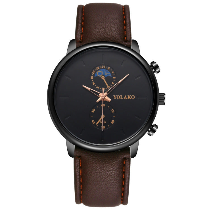 Reloj de cuarzo ultrafino con correa de cuero y dos ojos para hombre