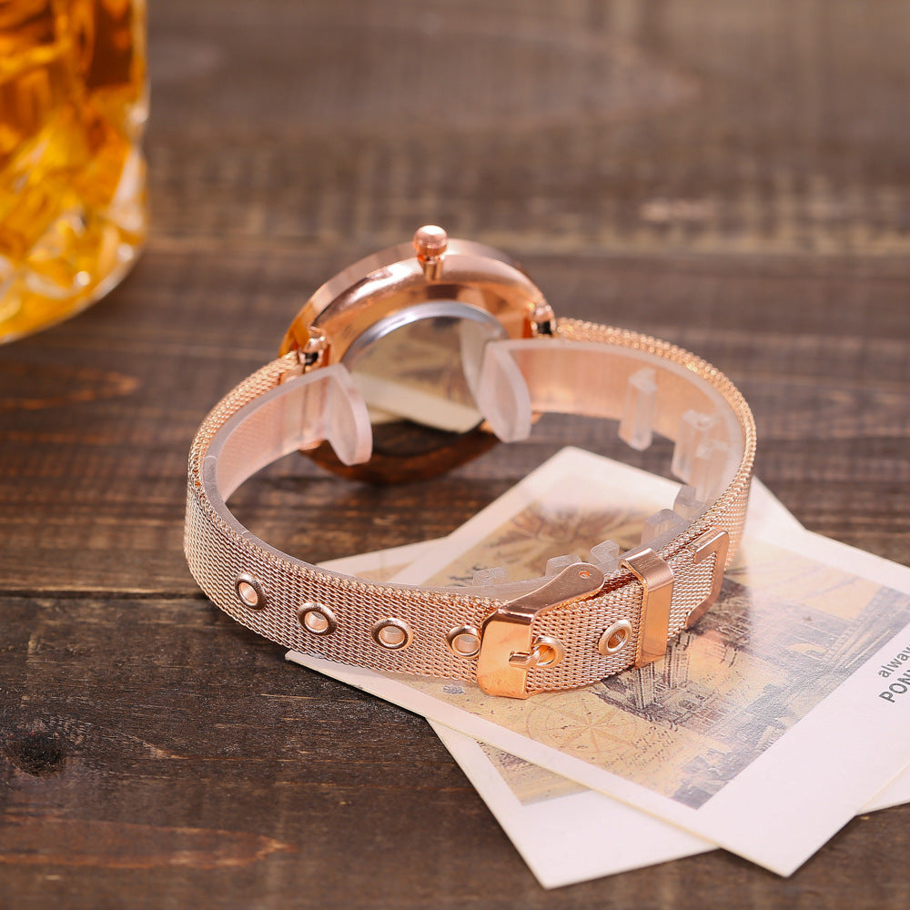 Reloj de pulsera romántico con diseño de cielo estrellado para mujer, informal, con correa de malla de acero y oro rosa, reloj con diamantes de imitación, reloj femenino