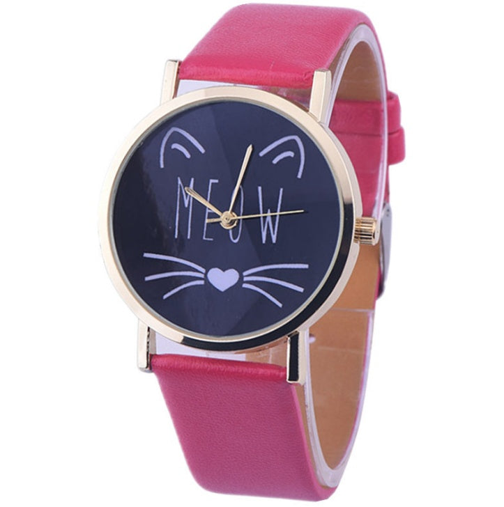 Reloj de pulsera analógico de cuarzo con correa de cuero PU y diseño de gato bonito de lujo para mujer