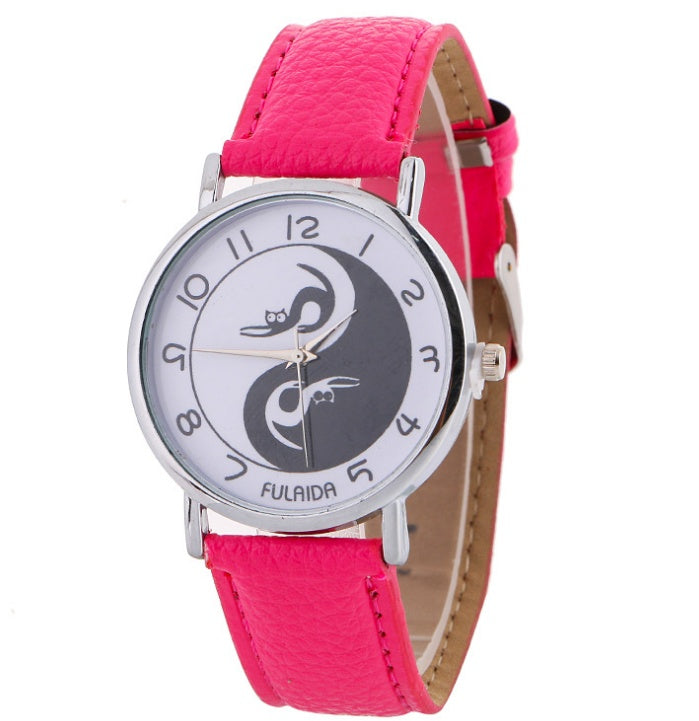Reloj analógico de cuarzo con correa de piel sintética y estampado de gato lindo Yin-Yang para mujer