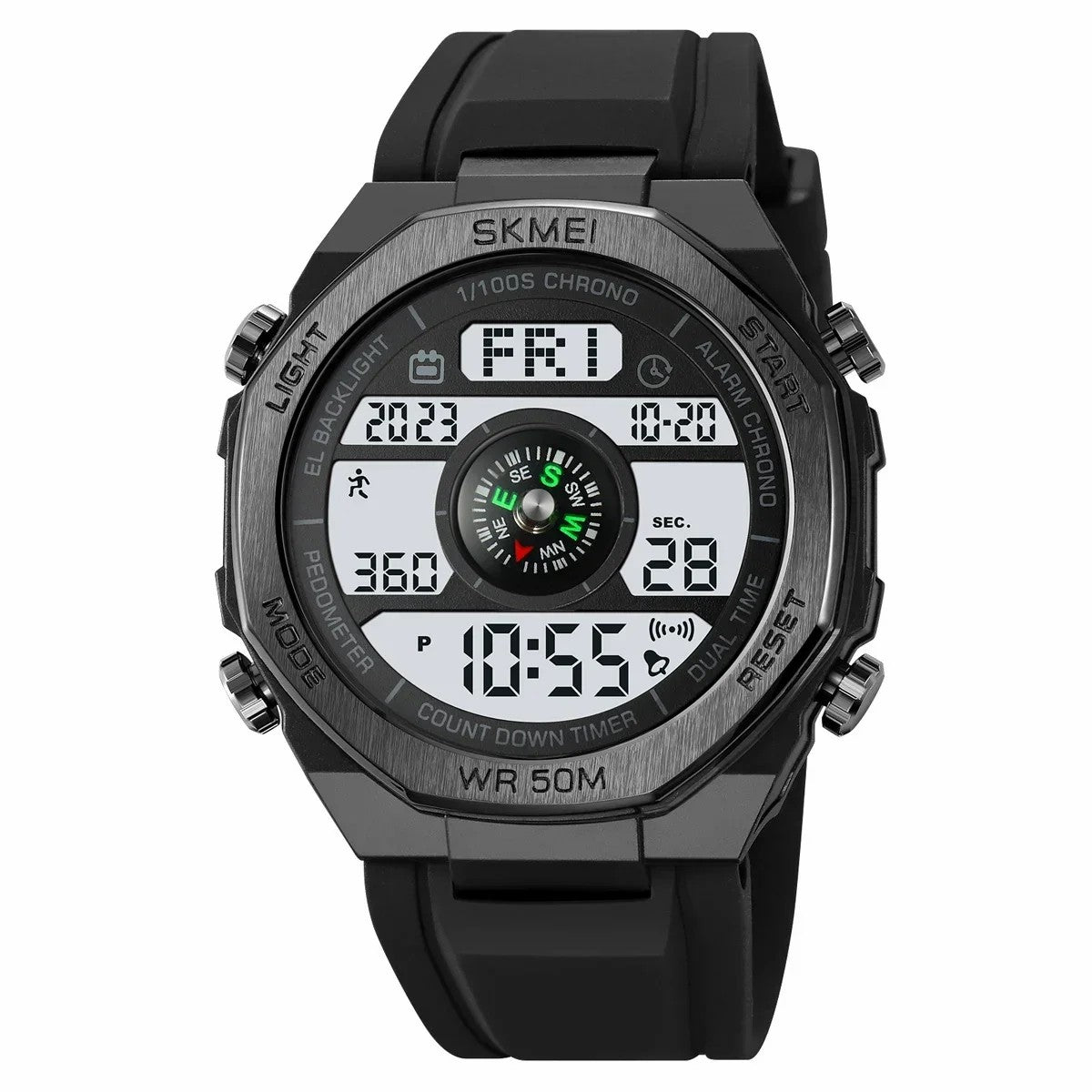 SKMEI 2209 アウトドア スポーツウォッチ 学生用 防水 歩数計 コンパス 電子時計 - ブラック / ブラック ダイヤル