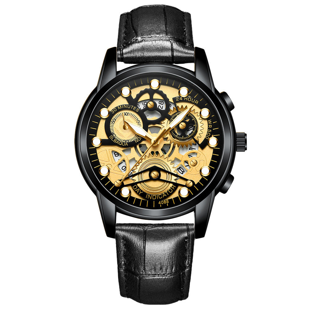 Reloj negro para hombre, reloj de cuarzo de moda hueco