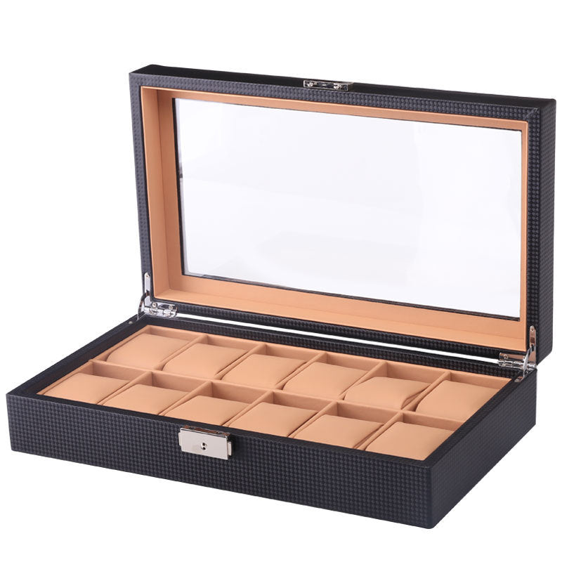 Caja de almacenamiento de caja de reloj de cuero PU de fibra de carbono de 12 bits