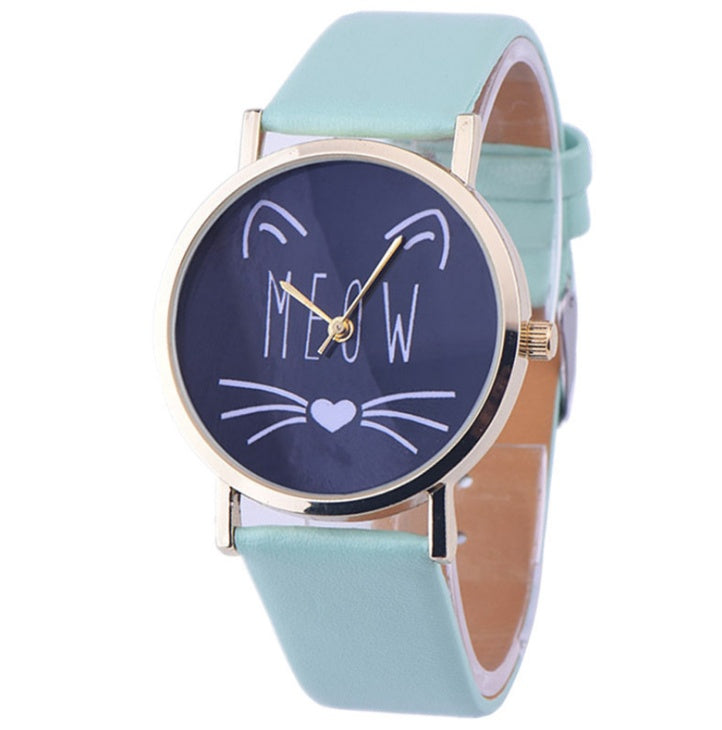 Reloj de pulsera analógico de cuarzo con correa de cuero PU y diseño de gato bonito de lujo para mujer