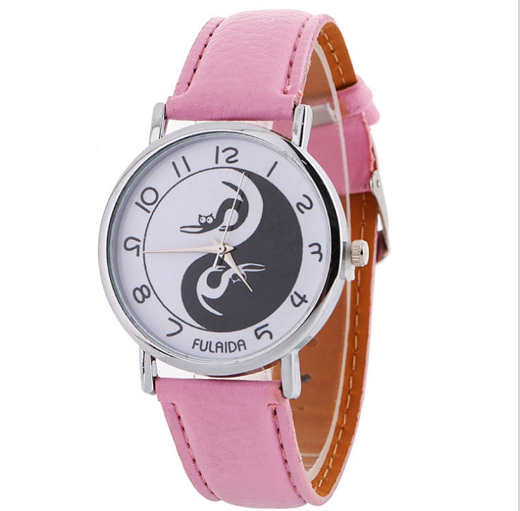 Reloj analógico de cuarzo con correa de piel sintética y estampado de gato lindo Yin-Yang para mujer