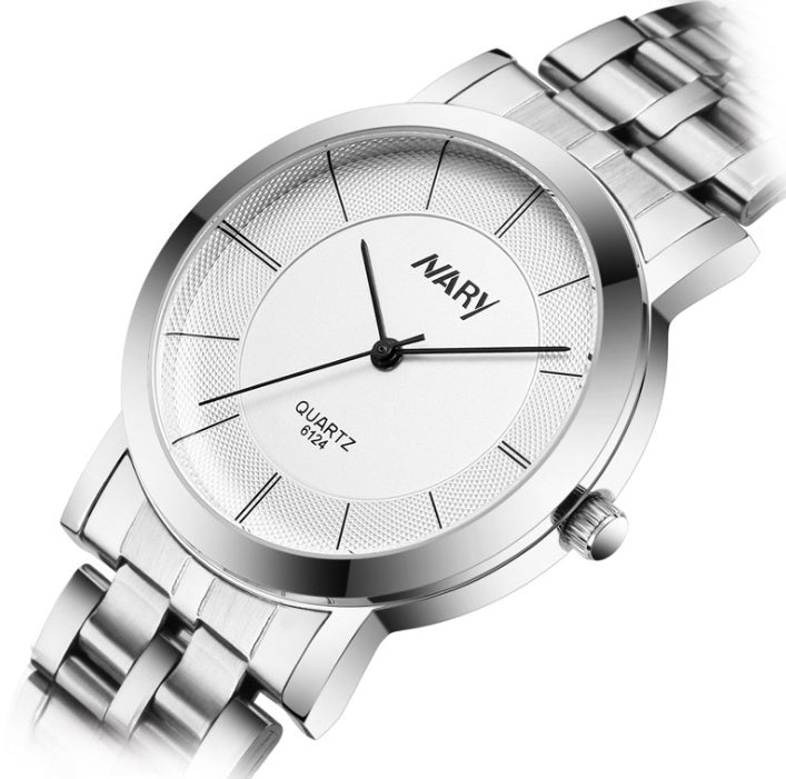 Reloj de pareja con correa de acero, sencillo, para hombre y mujer, reloj de cuarzo sobre la mesa