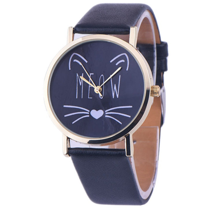 Reloj de pulsera analógico de cuarzo con correa de cuero PU y diseño de gato bonito de lujo para mujer