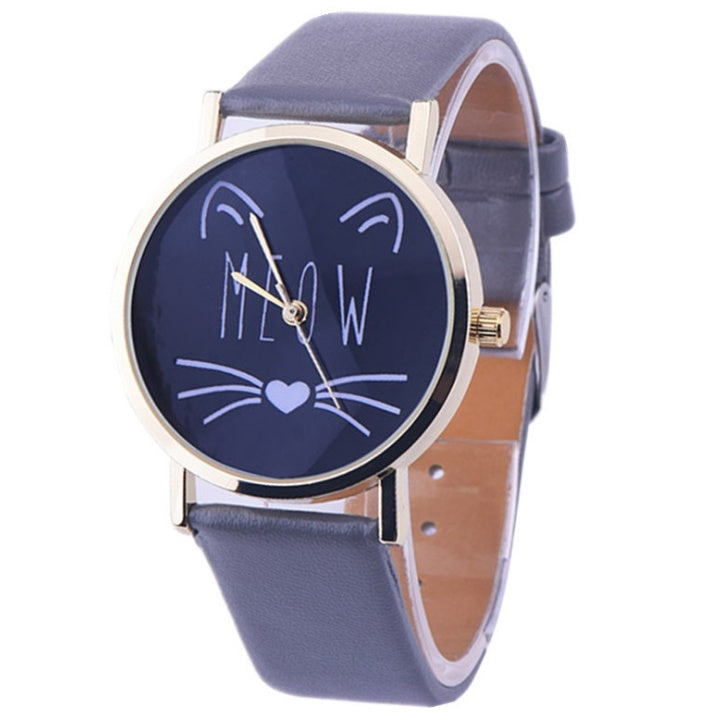 Reloj de pulsera analógico de cuarzo con correa de cuero PU y diseño de gato bonito de lujo para mujer