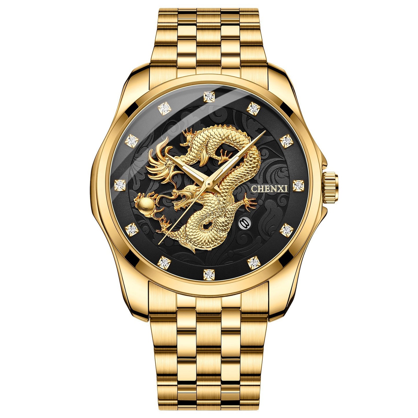 Reloj de hombre resistente al agua con calendario en relieve de tótem de dragón Reloj de estilo chino Dawn Correa de acero Transfronterizo Caliente