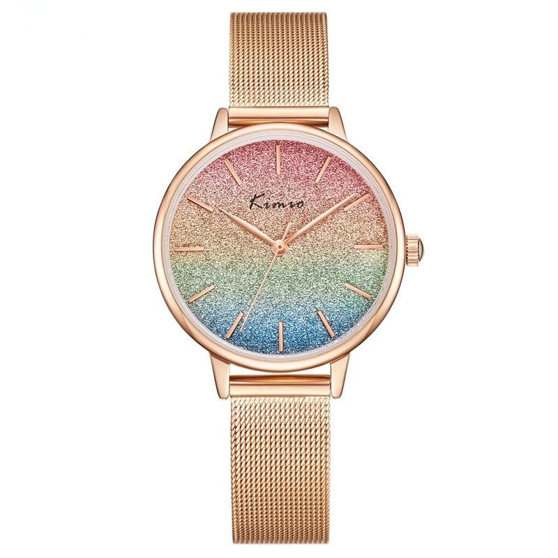 Reloj de moda con correa de malla para mujer con purpurina de color degradado de arcoíris