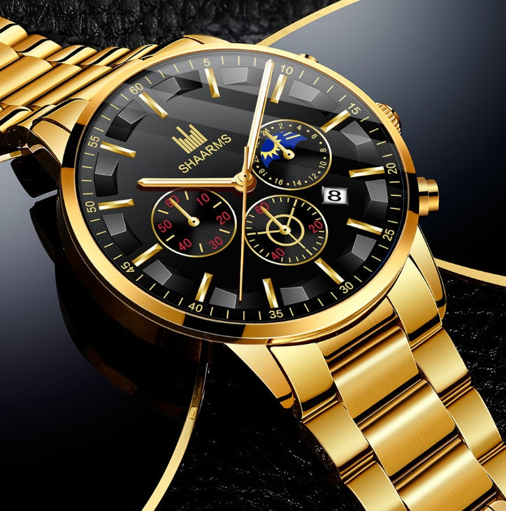 Reloj de cuarzo elegante con calendario de tres ojos y esfera grande y redonda