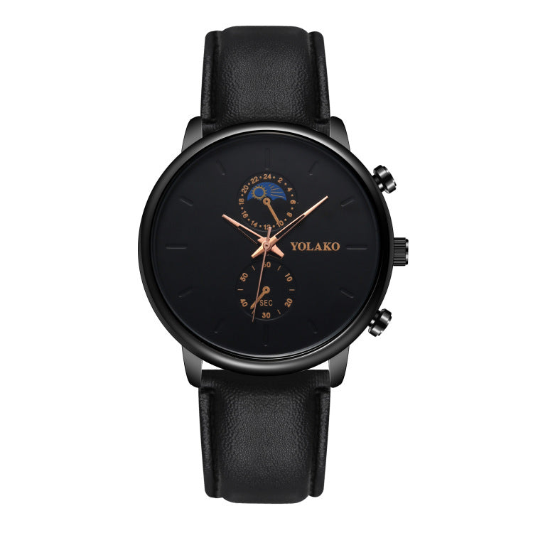 Reloj de cuarzo ultrafino con correa de cuero y dos ojos para hombre